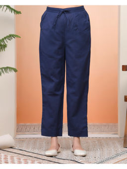 Vaasva Jaipur - Women Royal Navy Blue Cotton Flax Solid Straight Pants