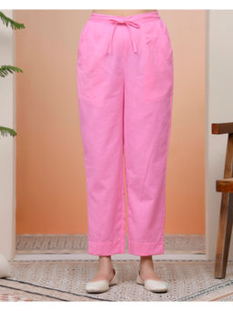 Vaasva Jaipur - Women Pink Cotton Flax Solid Straight Pants
