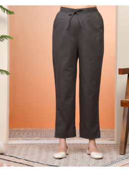 Vaasva Jaipur - Women Grey Cotton Flax Solid Straight Pants