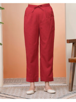 Vaasva Jaipur - Women Red Cotton Flax Solid Straight Pants