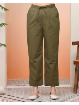 Vaasva Jaipur - Women Olive Green Cotton Flax Solid Straight Pants
