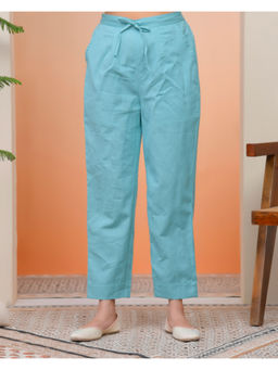 Vaasva Jaipur - Women Turquoise Cotton Flax Solid Straight Pants