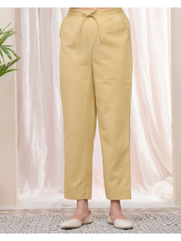 Vaasva Jaipur - Women Beige Cheeku Cotton Flax Solid Straight Pants