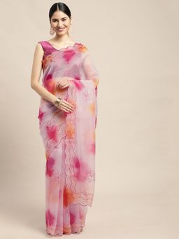 Vastranand - Pink & Yellow Tie And Dye Embroidered Organza Saree with Unstitched Blouse