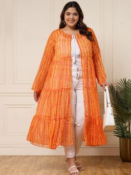 Deebaco - Women Plus Size Orange Leaf Printed Tier Women Shrug