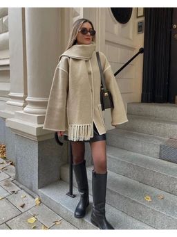 MISS MOSA BY AKANKSHA - Beige Cora Oversized Woolen Jacket with Scarf