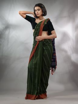 CHARUKRITI - Moss Green Cotton Handspun Handwoven Saree with Stripe Design & Unstitched Blouse