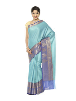 Banarasi Silk Works - Blue Resham Zari Pattu Border Art Saree with Unstitched Blouse