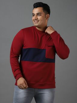 Urbano Plus - Mens Maroon Cotton Color Block Round Neck Sweatshirt