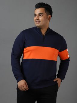 Urbano Plus - Mens Dark Blue Cotton Color Block Round Neck Sweatshirt