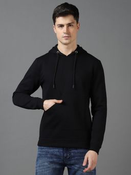 Urbano Fashion - Mens Black Cotton Solid Hooded Neck Sweatshirt