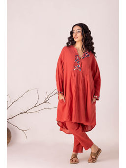 Karuna Khaitan - Womens Red Dhruvee Embroidered Co-ord (Set of 2)