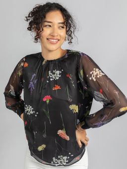 Torsha - Black Printed Front Button Opening Top