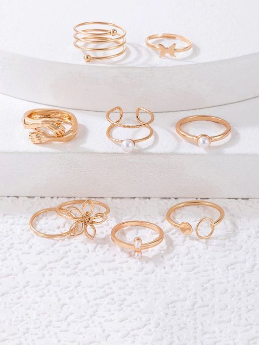 Jewels Galaxy Women Set of 9 Gold Plated Adjustable Hug-Floral Finger Ring