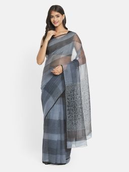 Fabindia - Grey Cotton Silk Hand Block Print Saree without Blouse