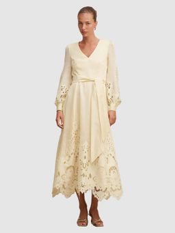 Forever New - Cream Ashlee Embroidered Long Sleeve Midi Dress with Belt