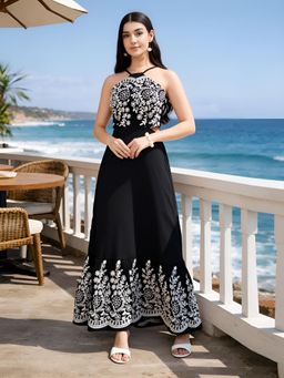 AAYU - Black Embroidered Halter Neck Linen Blend Maxi Dress
