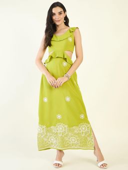 AAYU - Floral Embroidery Saze Green Ruffled Cut Out Sleeveless Maxi Dress