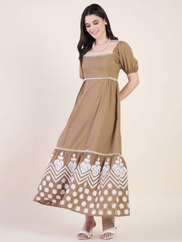 AAYU - Creation Brown Linen Blend Square Neck Embroidered Maxi Dress
