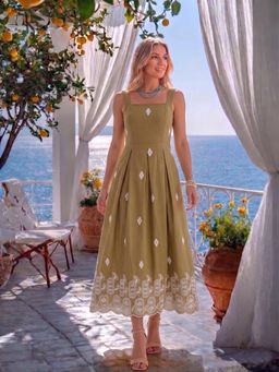 AAYU - Brown Embroidered Square Neck Midi Dress