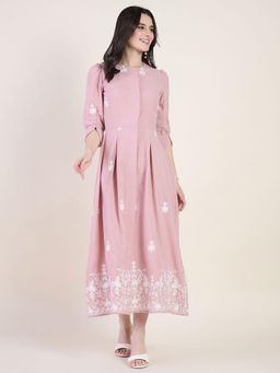 AAYU - Womens Light Pink Linen Blend Embroidered Pleated A-Line Midi Dress