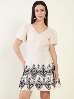 AAYU - Embroidered Hem White V-Neck Puff Sleeve Mini Dress