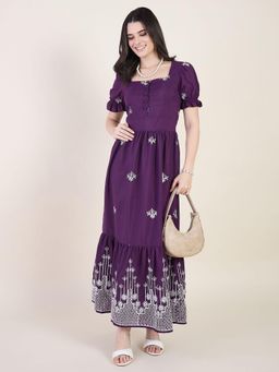 AAYU - Womens Wine Embroidered Square Neck Puff Sleeves Maxi Dress