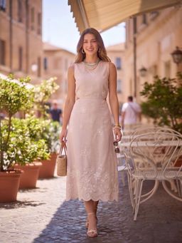 AAYU - Womens Floral Embroidery Waist Cut Outs Off White Sleeveless A-Line Midi Dress