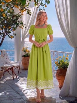 AAYU - Chevron Hem Green Linen Blend Square Neck Puff Sleeves Maxi Dress with Belt