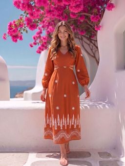 AAYU - Womens Rust Linen Blend Embroidered Cut-Out V-Neck Midi Dress