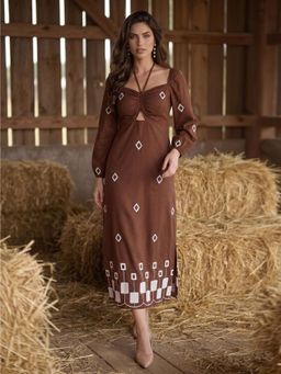 AAYU - Diamond Print Brown Halter Neck Midi Dress