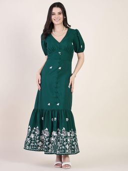 AAYU - Green Linen Blend Floral Embroidered Maxi Dress