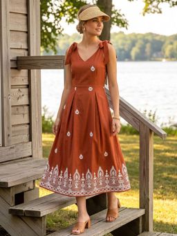 AAYU - Shoulder Tie-Ups V-Neck Rust Embroidered Midi Dress