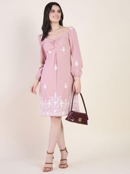 AAYU - Twist Neckline Blush Pink Embroidered A-Line Dress