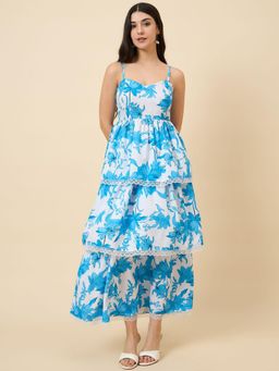 AAYU - Womens Blue Floral Printed Tiered Maxi Dress