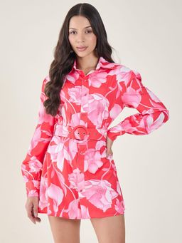 AAYU - Womens Red Floral Printed Full Sleeve Mini Shirt Dress with Belt