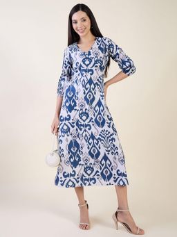AAYU - Womens Blue Ikat Print V-Neck Crepe Midi Dress
