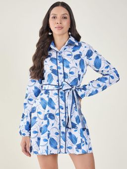 AAYU - Tie-Up Waist Blue Floral Print Crepe Mini Shirt Dress with Belt