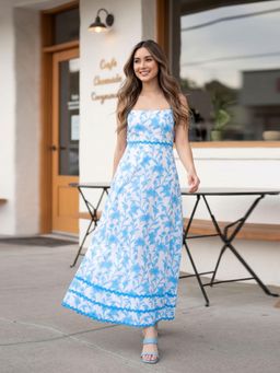 AAYU - Shoulder Straps Blue Floral Print Crepe A-Line Maxi Dress