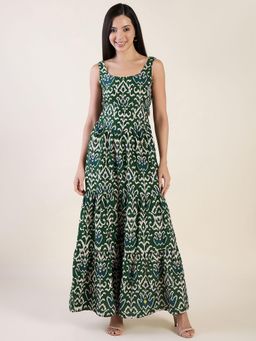 AAYU - Green Ikat Print Cotton Blend Sleeveless Tiered Maxi Dress