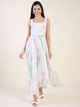 AAYU - White Crepe Tulip Print Sleeveless Maxi Dress