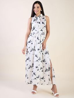 AAYU - Waist Tie-Up White Floral Print Sleeveless Collared Maxi Dress