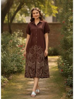CUSTARD - Womens Brown Cotton Embroidered Shirt Collar A-Line Midi Dress