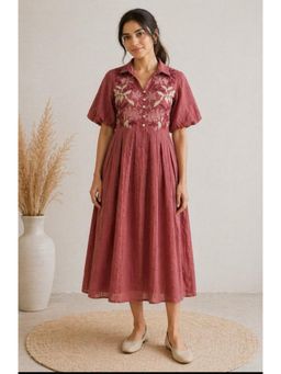 CUSTARD - Womens Light Maroon Cotton Embroidered Midi Dress