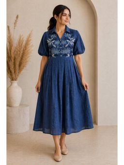 CUSTARD - Womens Navy Blue Cotton Embroidered Midi Dress