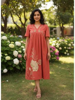 CUSTARD - Womens Rust Cotton Embroidered Midi Dress