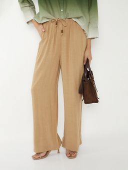 max - Womens Beige Solid Wide Leg Trouser