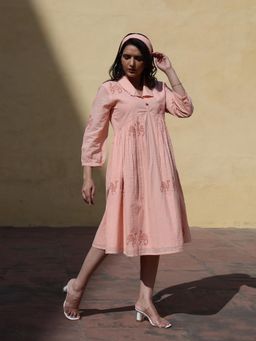 CUSTARD - Peach Cotton Textured Handblocked Painted Dress