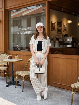 ZUMMER - Off White Cotton Stripes Printed Co-Ord Set