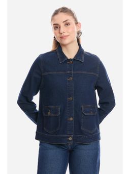 Virgio - Womens Navy Blue Solid Cotton Denim Trucker Jacket